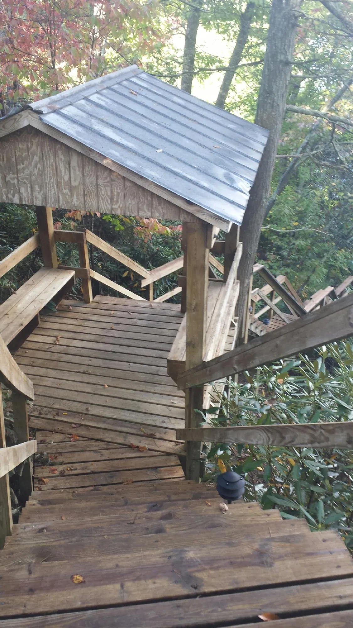 Metal roofed shelter over wooden steps on a wooded walkway — Skylight Repair & Installation work by our crew in Dillard